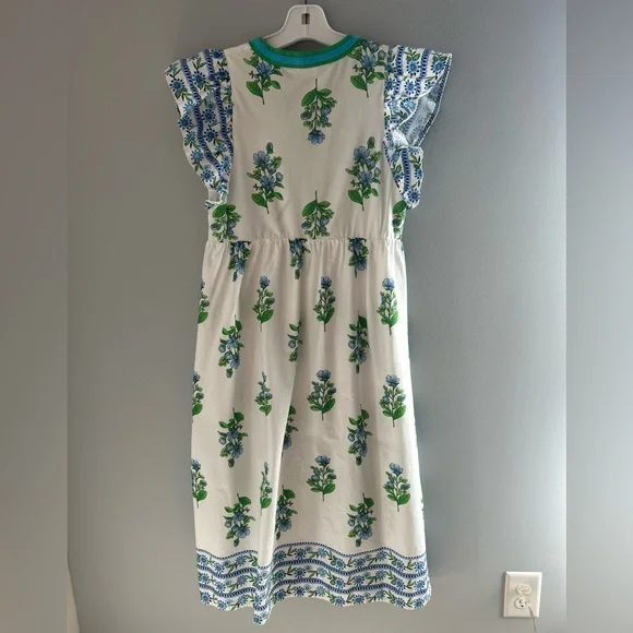 entro White Midi Dress with Blue Floral Print and Green Trim - Picture 7 of 16
